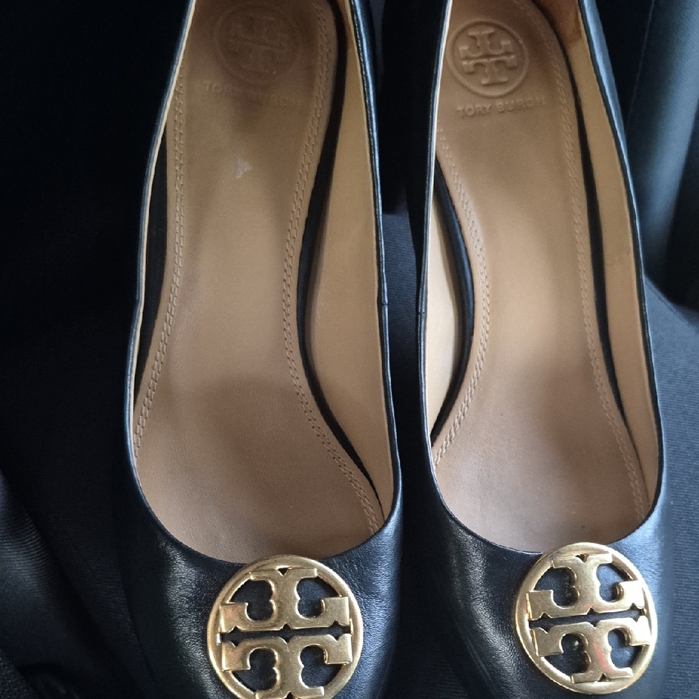 Tory Burch Navy Block Heels with Gold Emblem